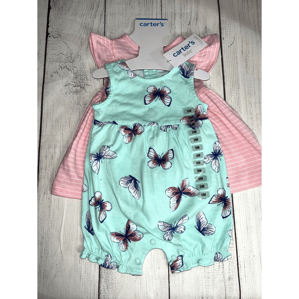Carters 2 Piece Pink stripe dress & Green butterfly short sleeve one- piece 3M